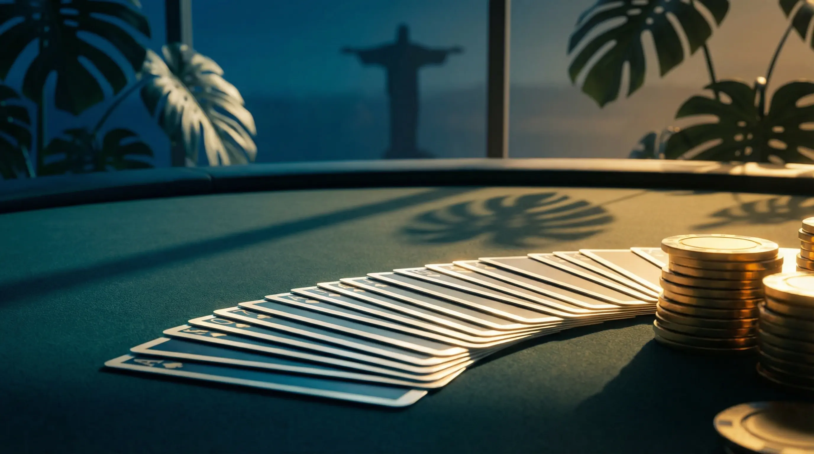 Mesa de poker com fichas douradas e cartas de baralho