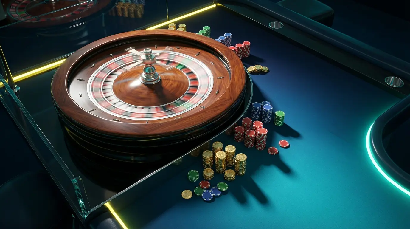 Spinning roulette wheel surrounded by coins and casino chips