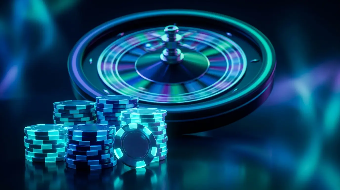 Fichas de casino com roda girando ao fundo em movimento