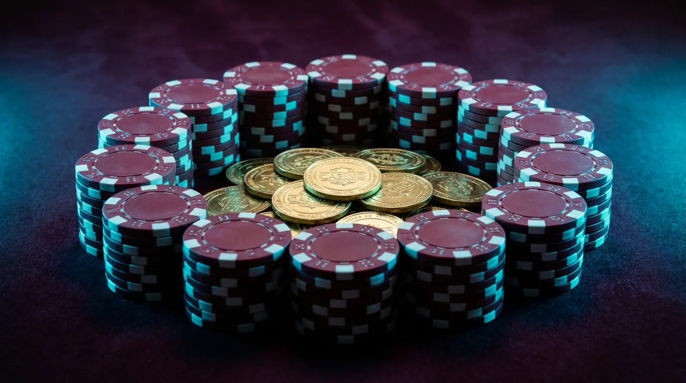 Poker chips and gold coins arranged in Canadian theme