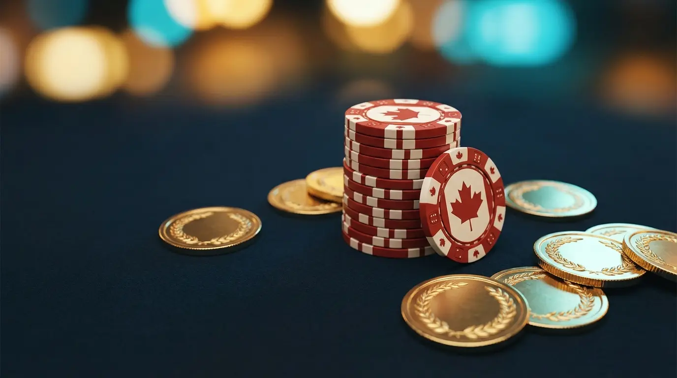 Casino chips in Canadian colors with bonus coins on felt table