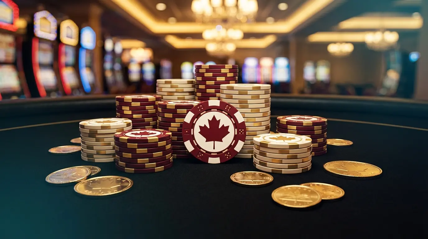 Casino chips and coins arranged with Canadian maple leaf motif