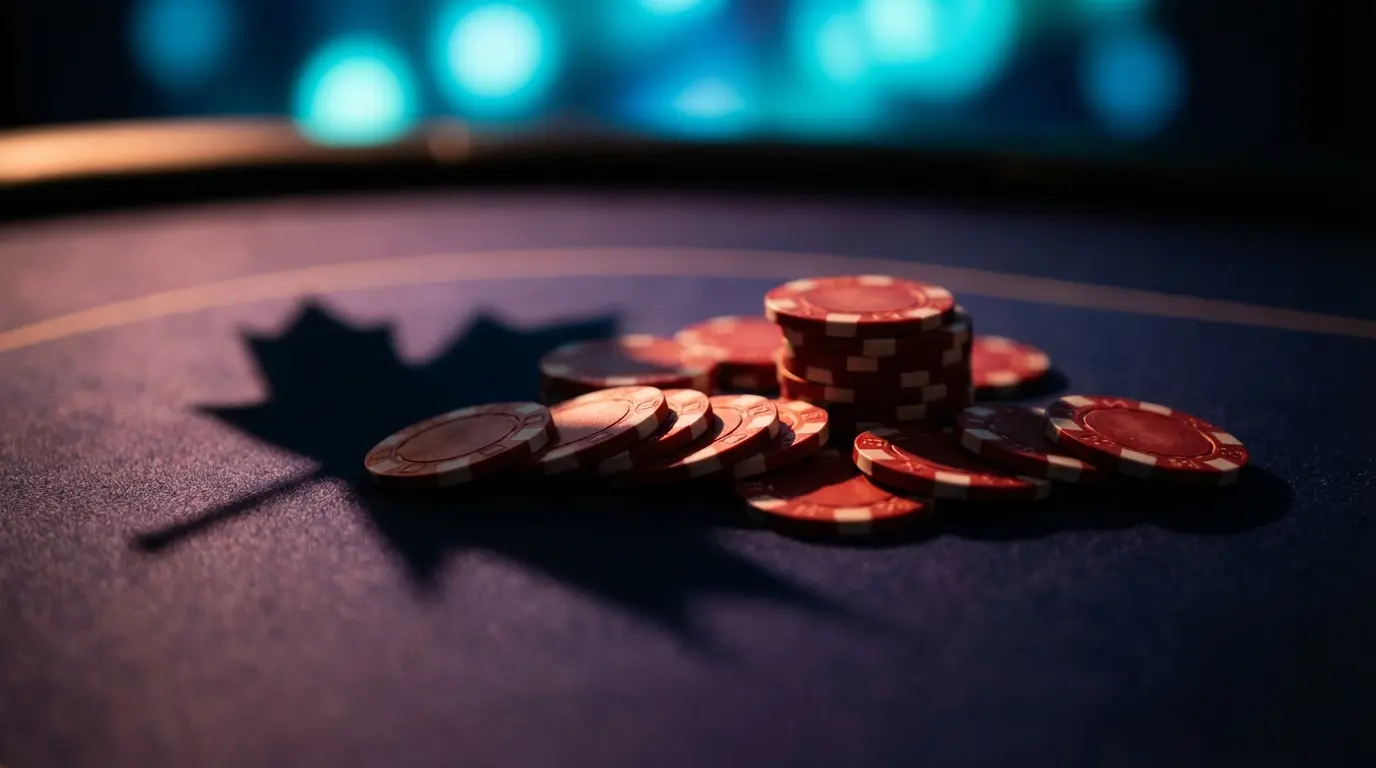 Casino chips in Canadian red and white colors on gaming table