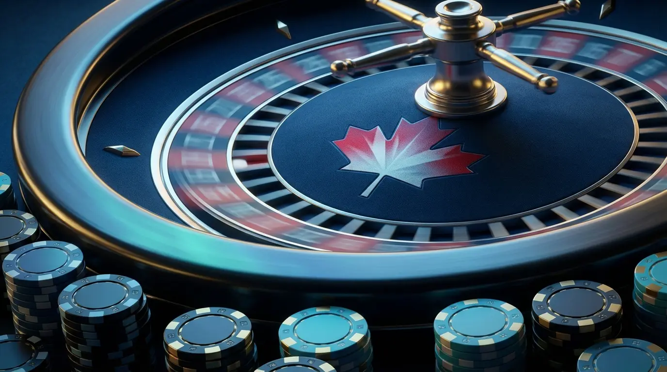 Spinning roulette wheel with Canadian-themed casino atmosphere
