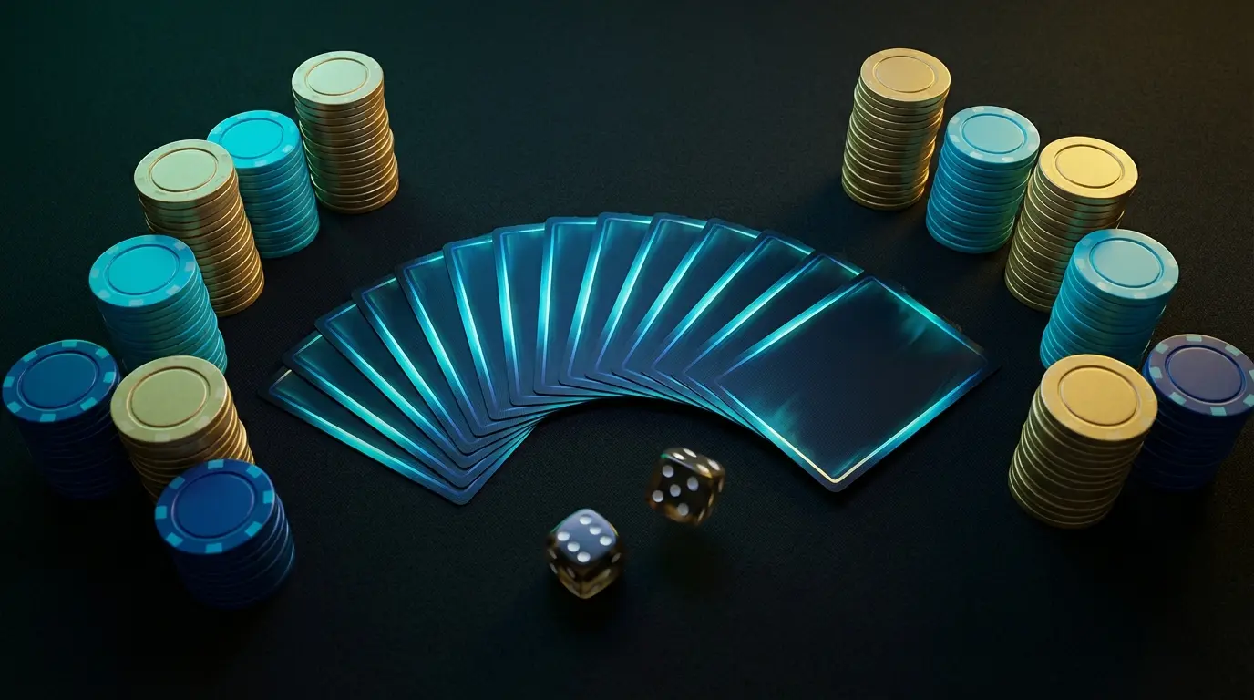 Cards and poker chips arranged on black casino table