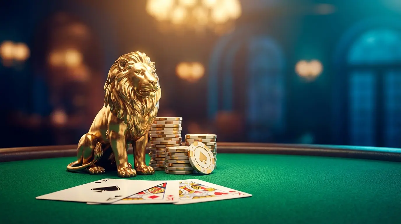 Lion statue with casino chips and cards on green felt