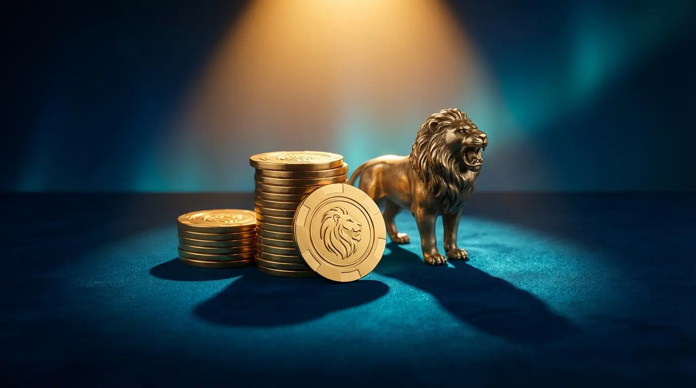 Casino chips beside golden lion sculpture in dramatic lighting