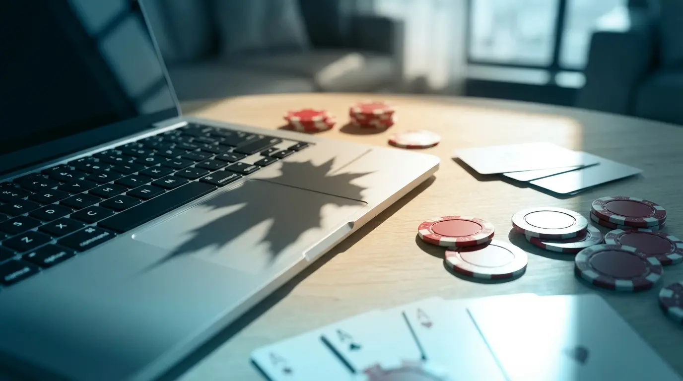 Poker chips and cards on laptop representing online gambling