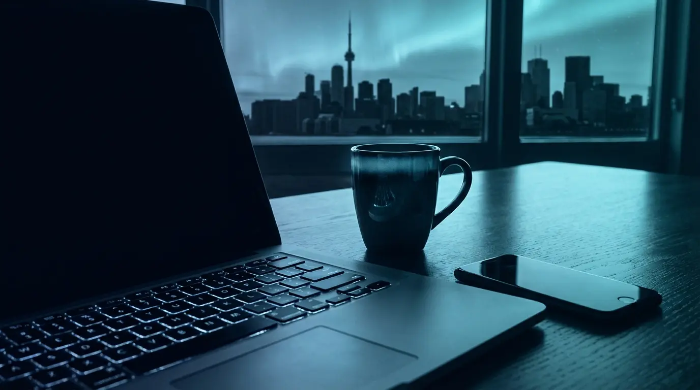 Home workspace with laptop and Canadian city skyline view