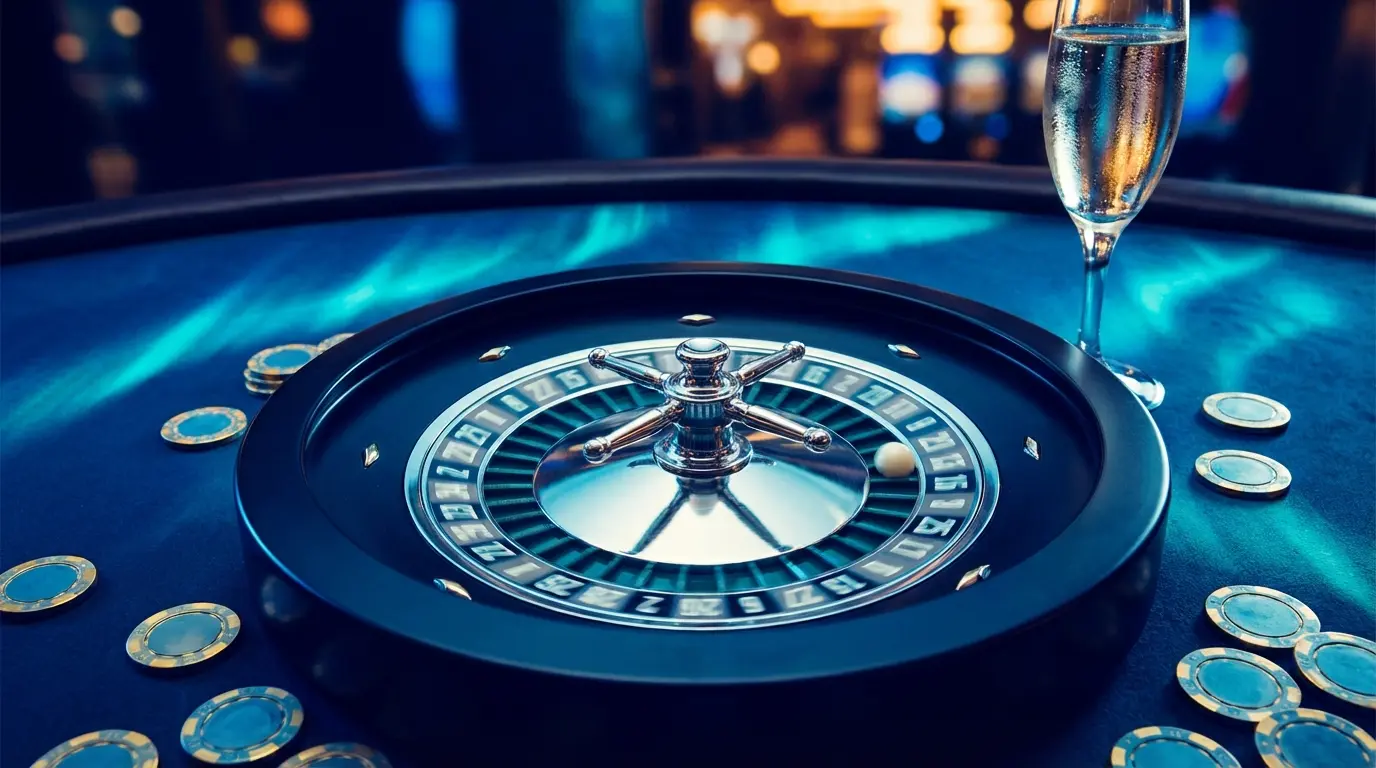 Spinning roulette wheel with golden chips on casino felt
