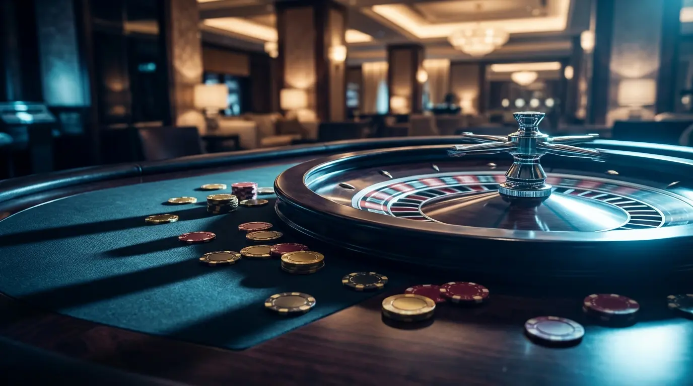 Spinning roulette wheel with scattered casino chips