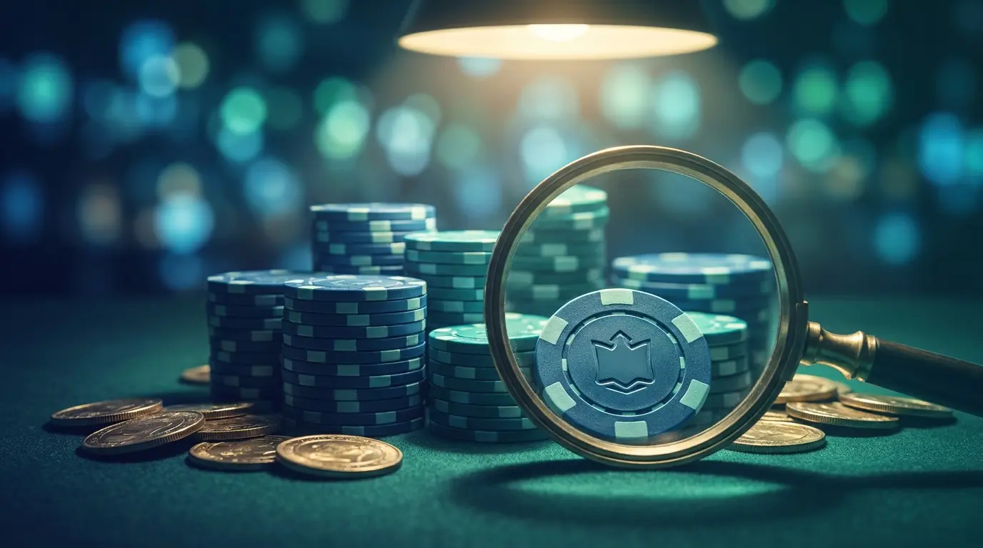 Jetons de casino et pièces examinés à la loupe sur table