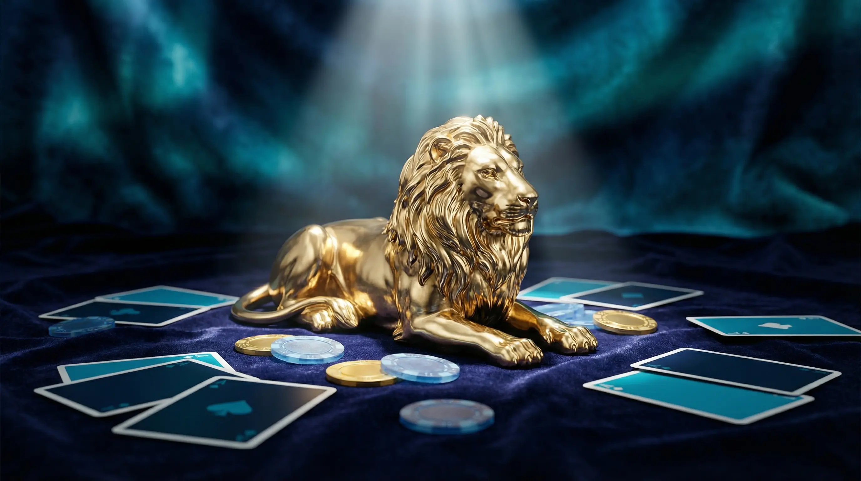 Statue de lion entourée de jetons de casino et cartes