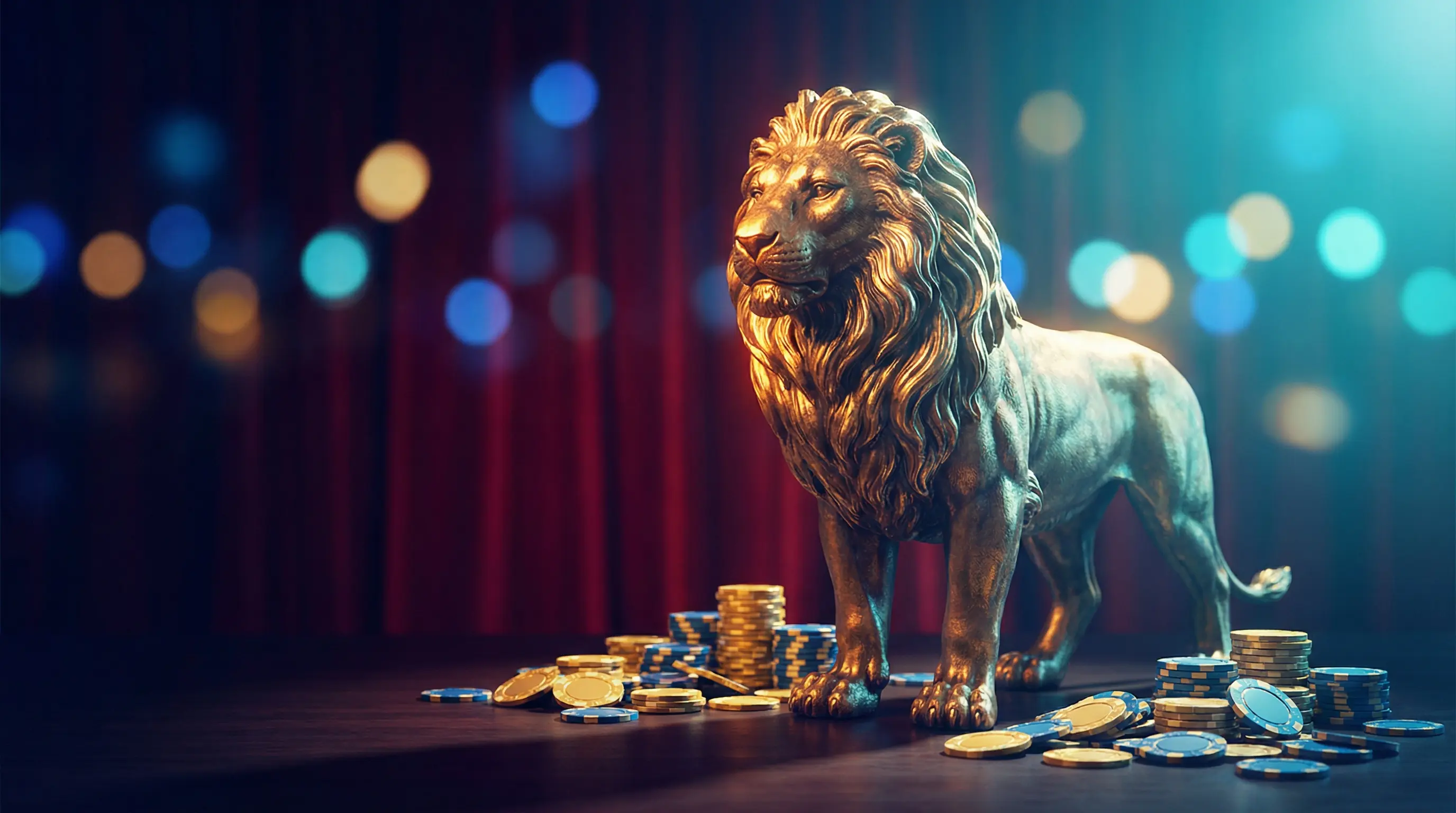 Statue de lion dorée entourée de jetons de casino