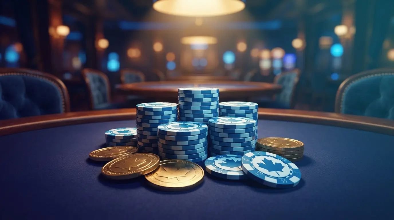 Jetons de casino aux couleurs du Québec sur table de jeu