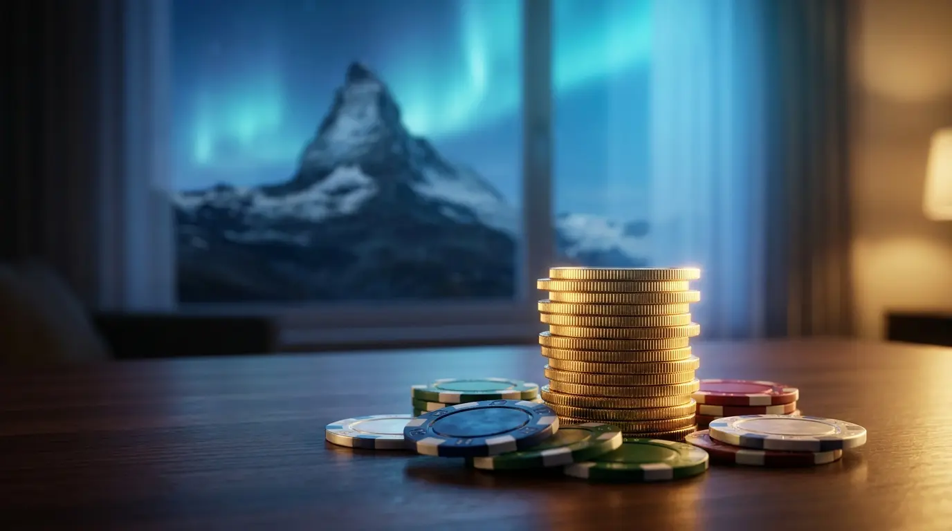 Casino-Chips und Münzen mit Matterhorn im Hintergrund