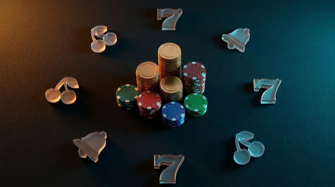 Goldmünzen und Chips auf Filz mit Spielautomaten-Symbolen
