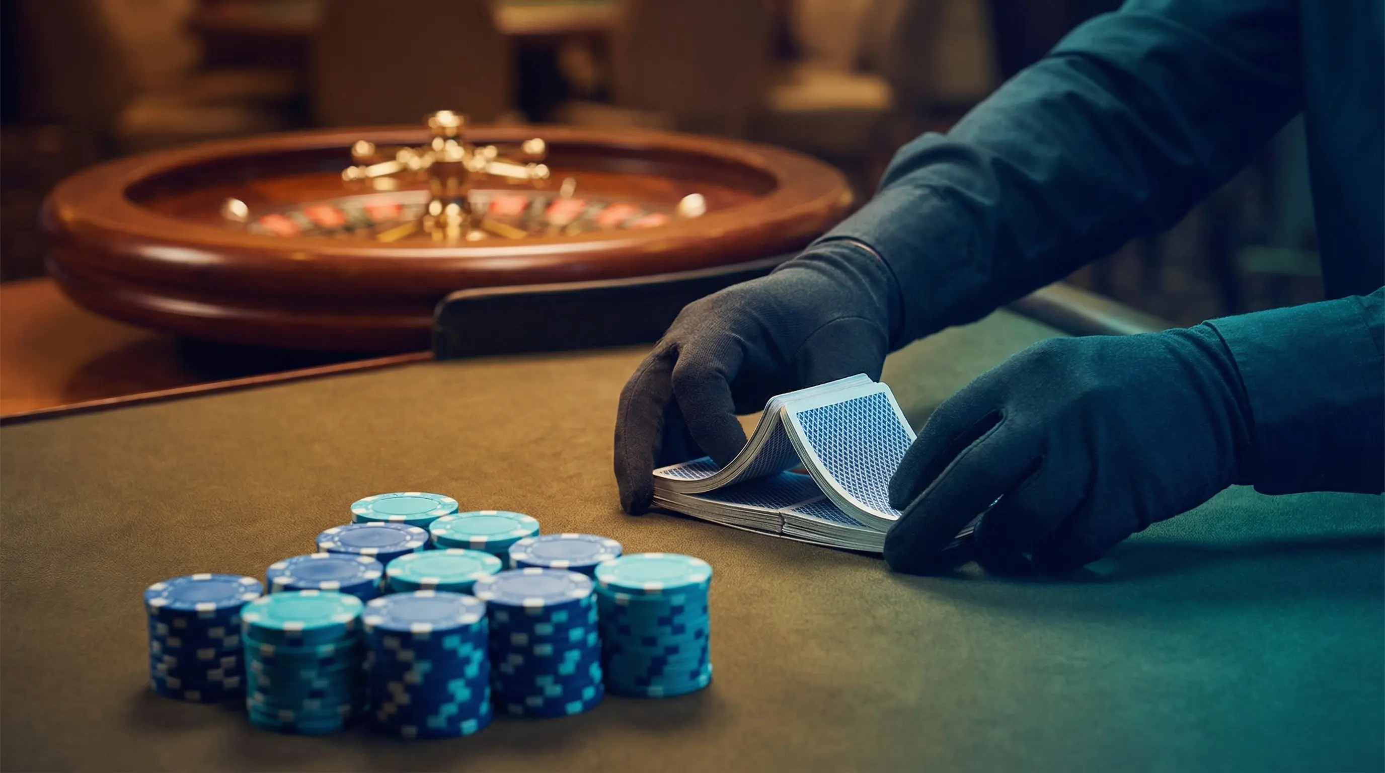 Live-Dealer mischt Karten am Pokertisch mit Chips