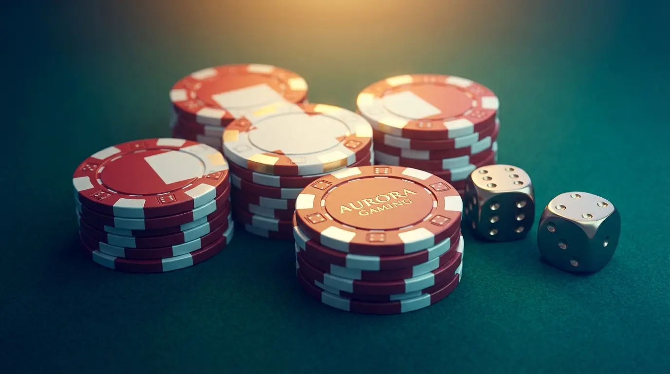 Red and white poker chips arranged with dice on felt