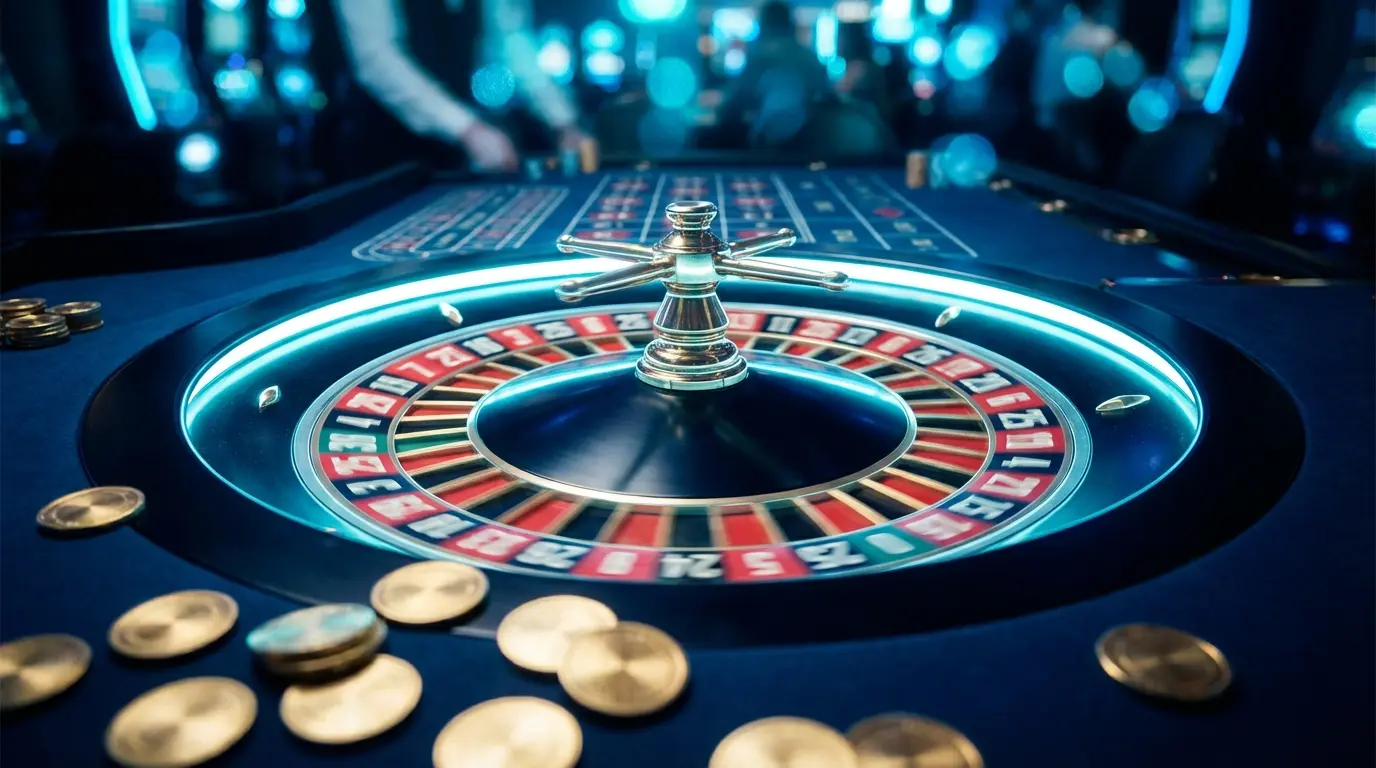 Spinning roulette wheel with coins on casino felt