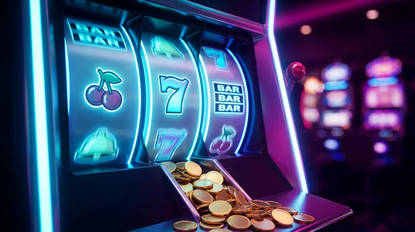 Leuchtende Spielautomaten-Walzen mit fallenden goldenen Münzen