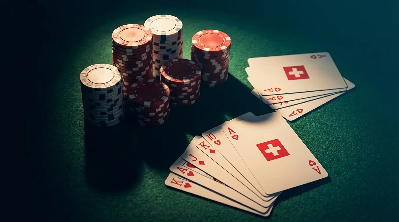 Casino chips and cards in Swiss colors on gaming table