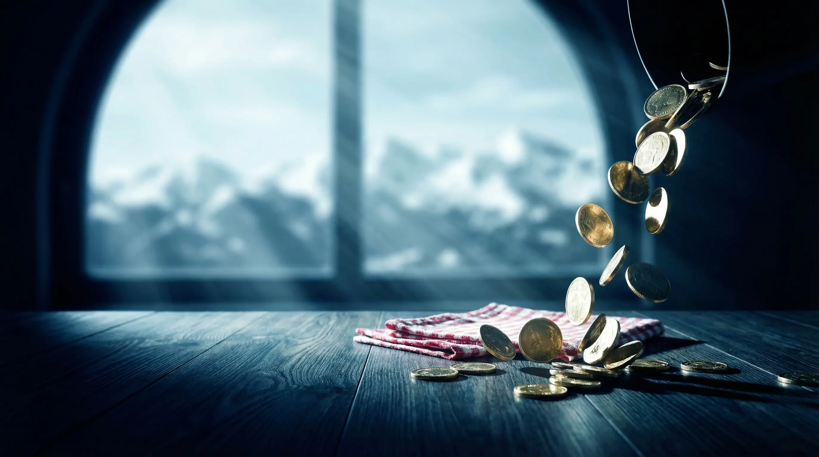 Pièces d'or avec montagnes suisses en arrière-plan
