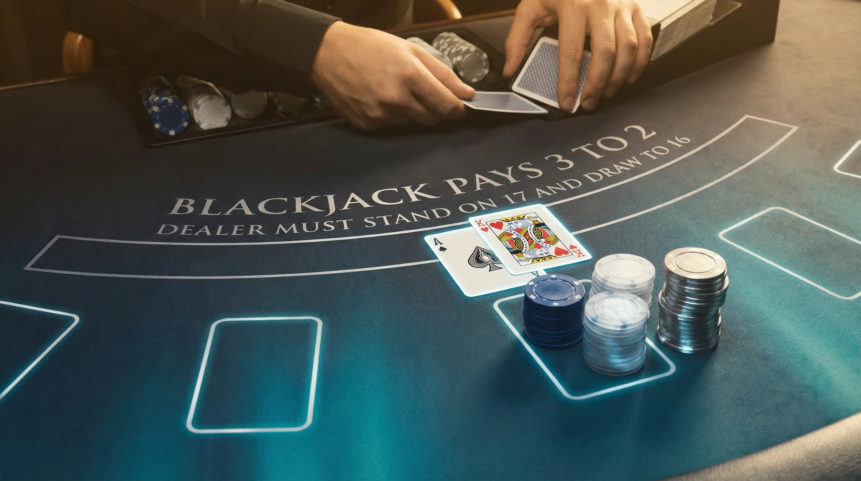 Table de blackjack avec cartes et jetons sur tapis vert