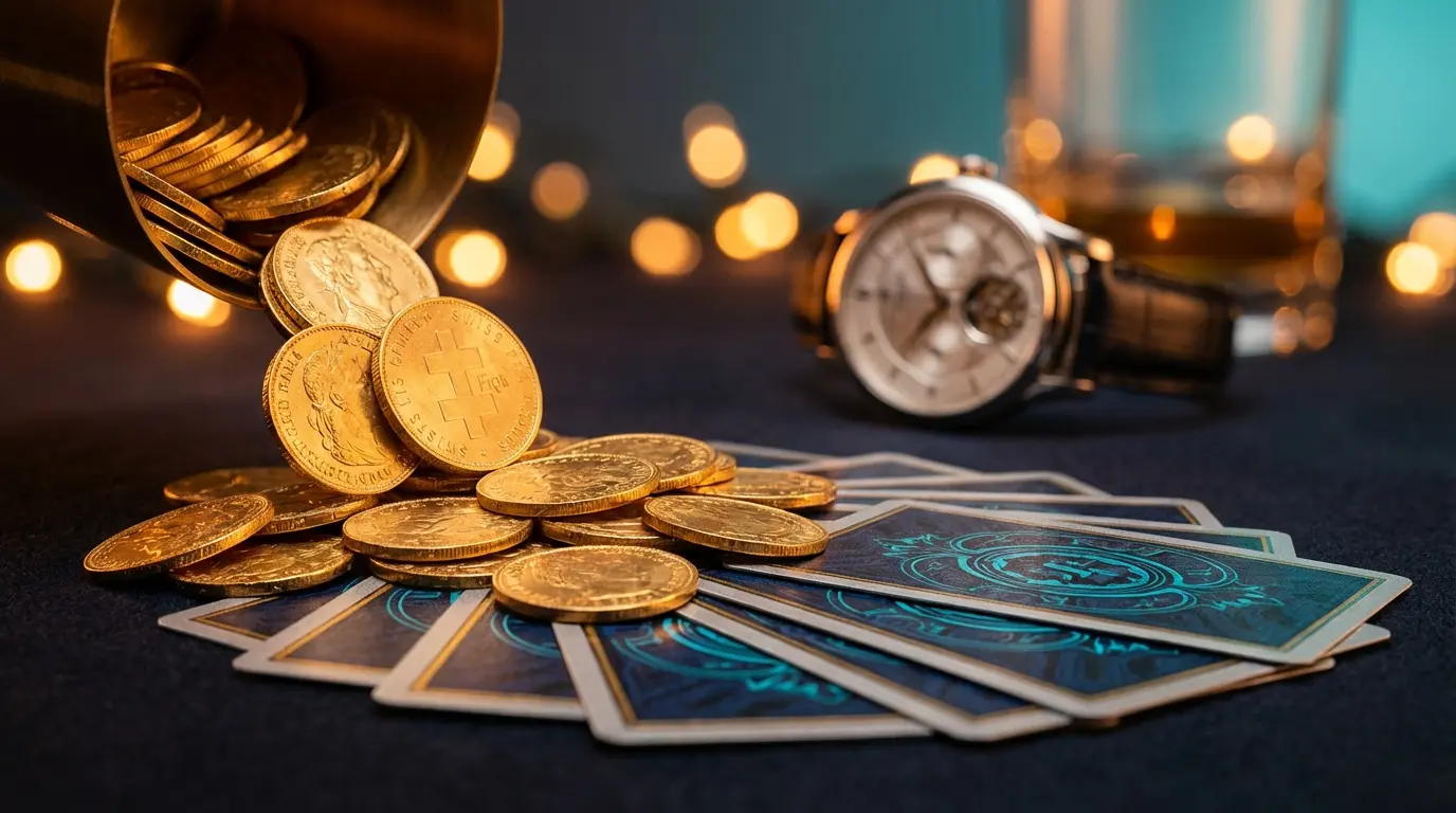 Casino cards and coins with Swiss luxury watch detail