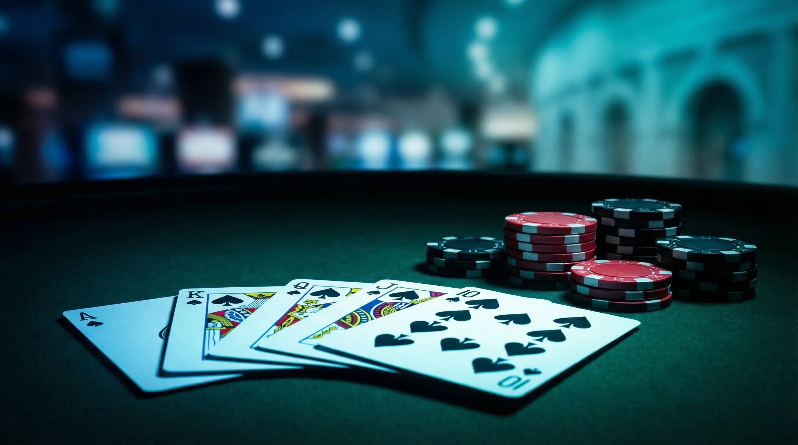 Cartes de poker et jetons empilés sur feutre vert