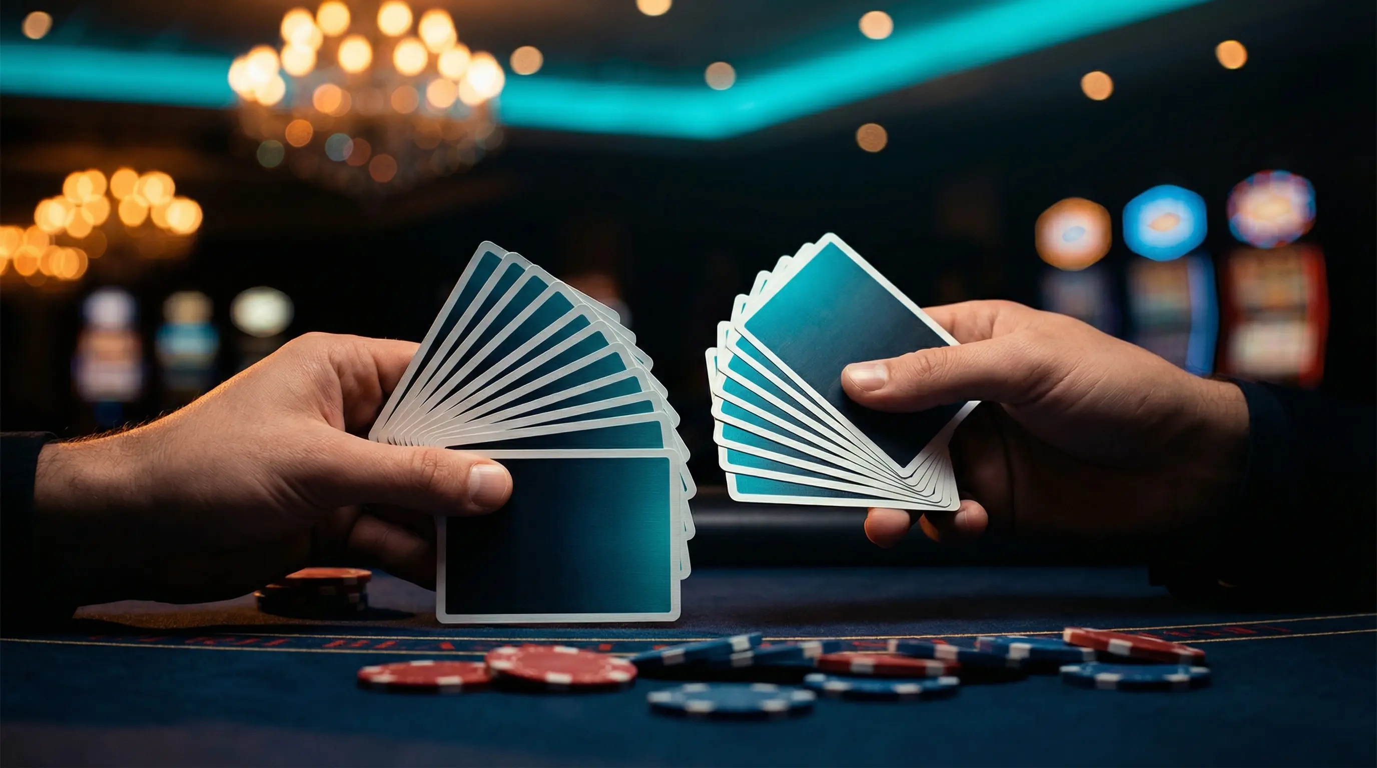 Mains tenant des cartes de poker avec jetons en arrière-plan