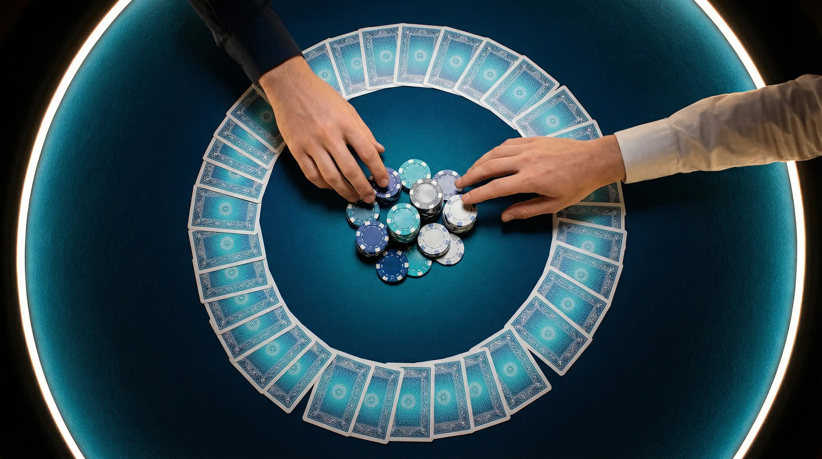 Table de poker avec cartes et jetons disposés en cercle
