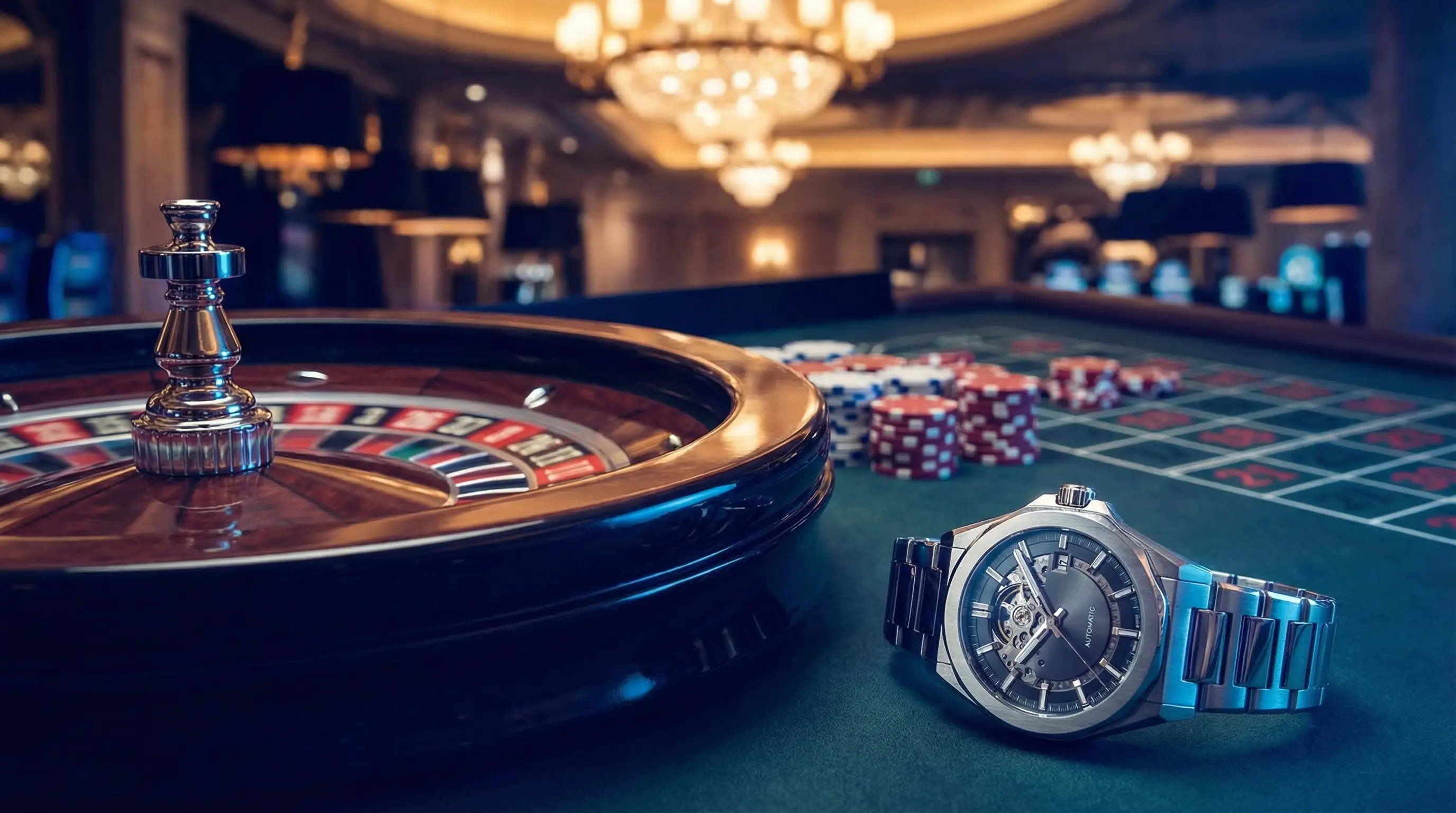 Roulette de casino avec jetons et montre suisse de luxe
