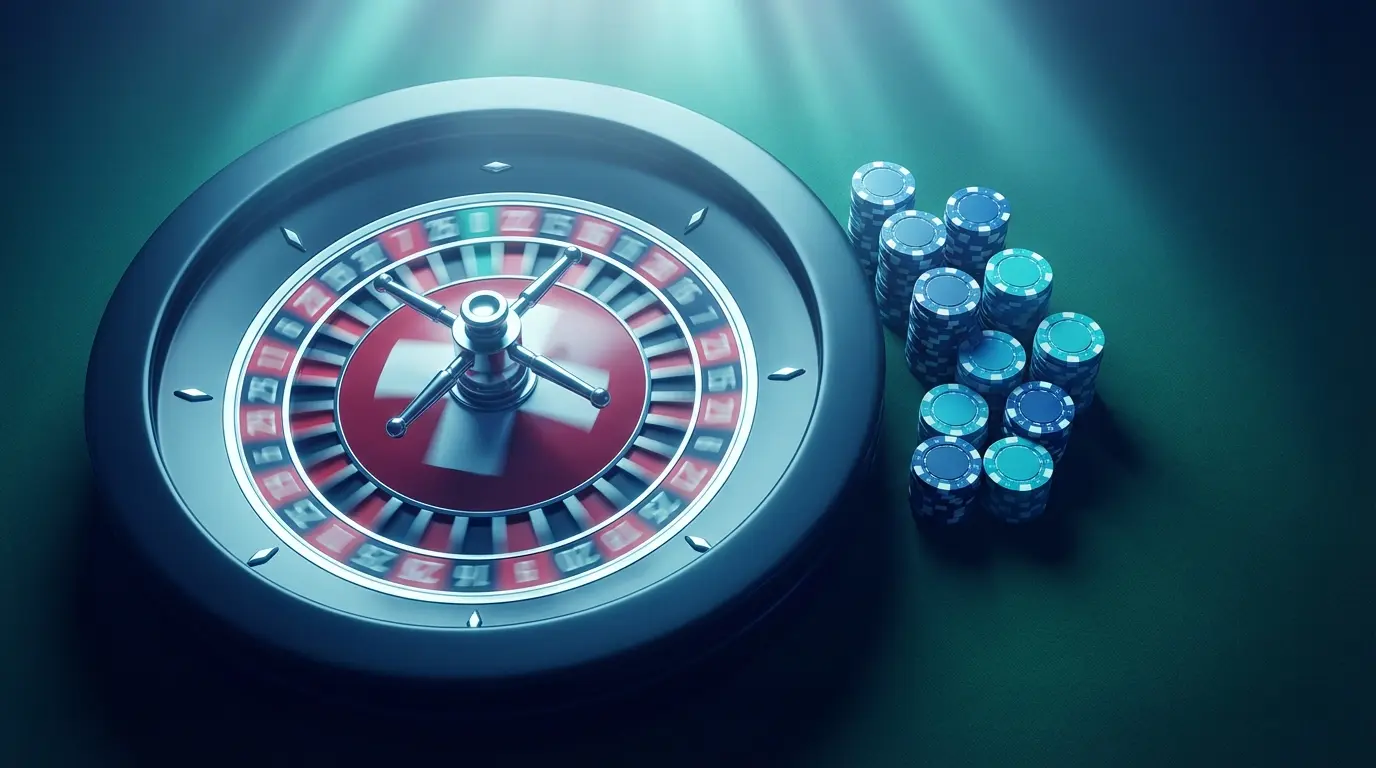 Roulette wheel with Swiss-themed red and white casino chips
