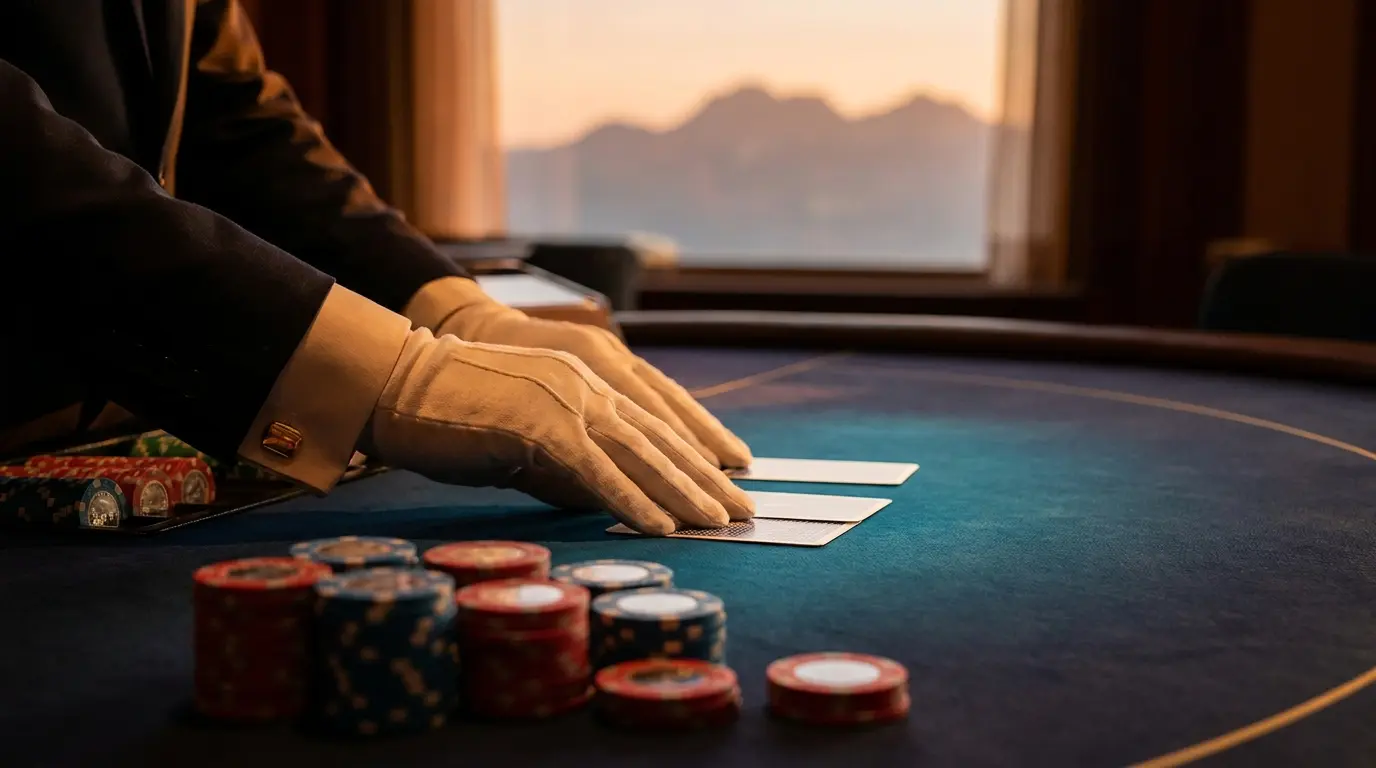 Manos de crupier colocando cartas de baccarat con fichas y paisaje chileno