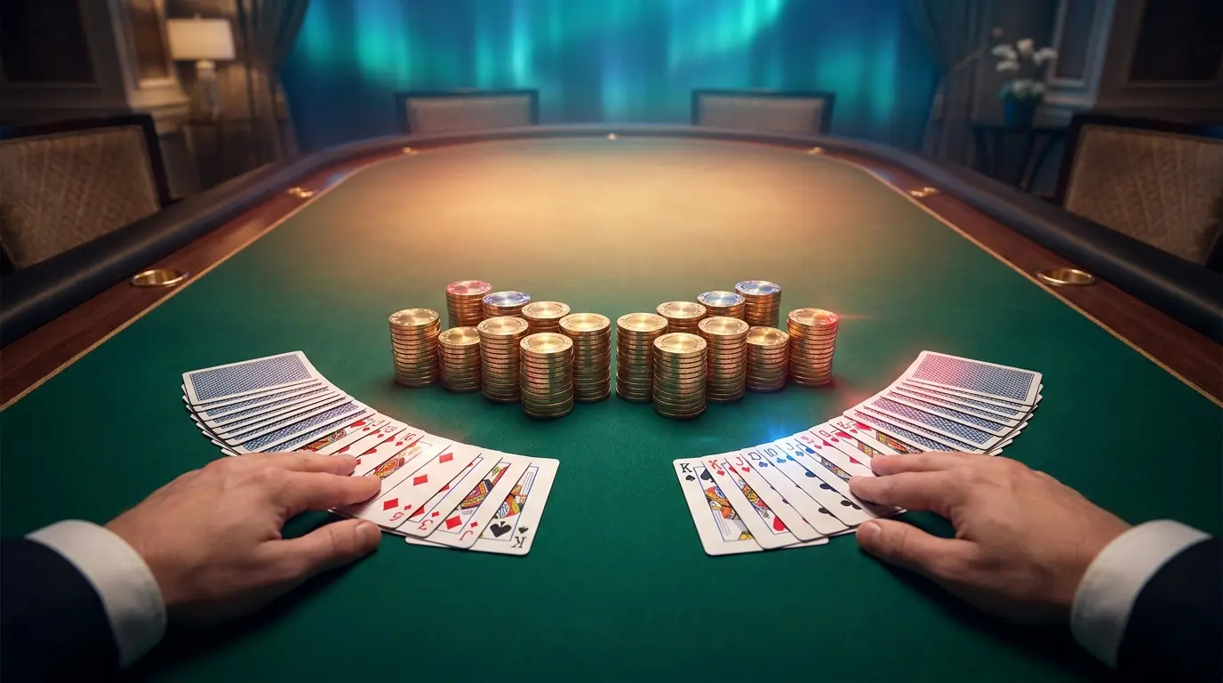 Mesa de baccarat con cartas y fichas en ambiente de casino elegante