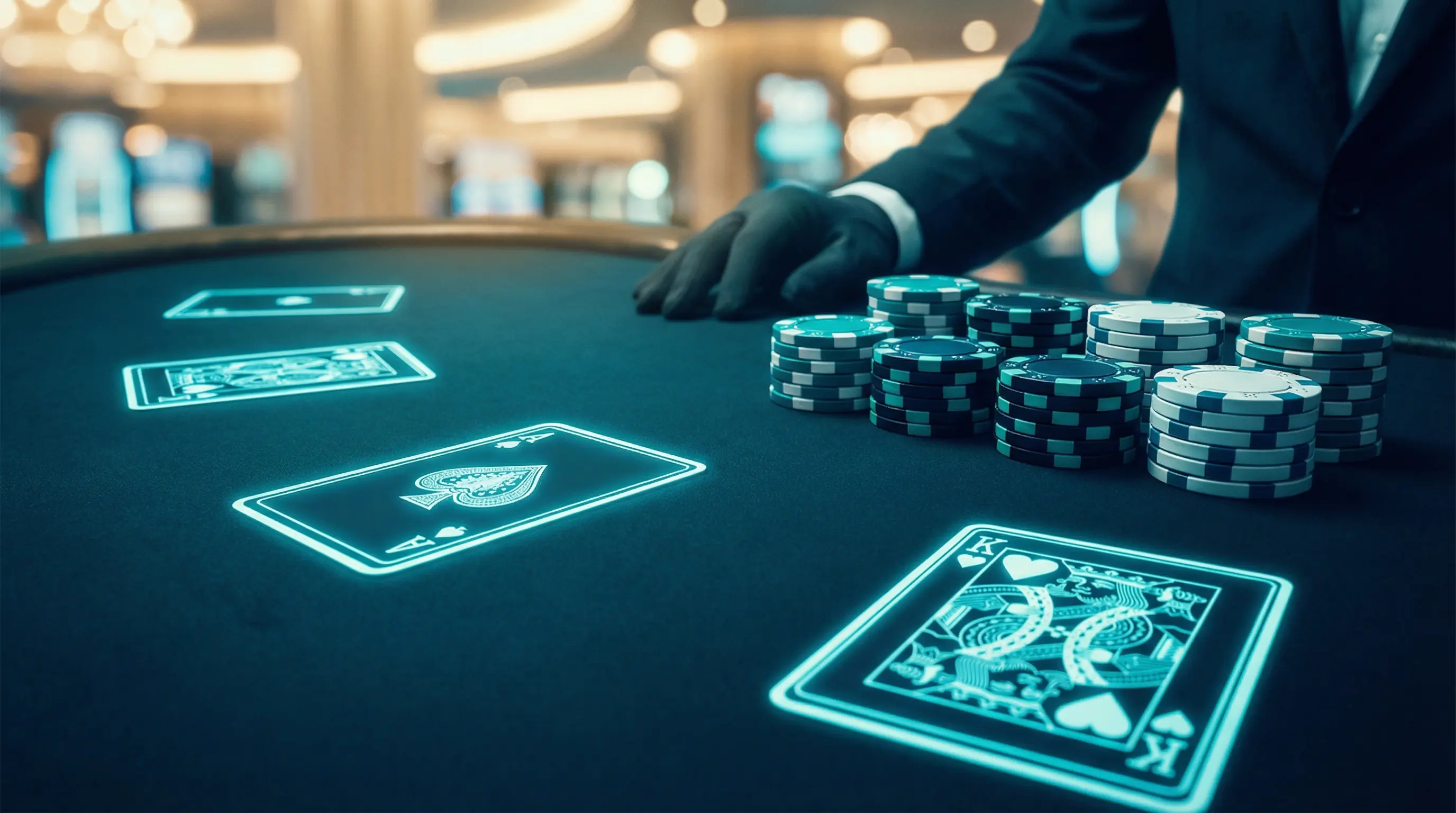Mesa de blackjack con cartas y fichas sobre paño verde