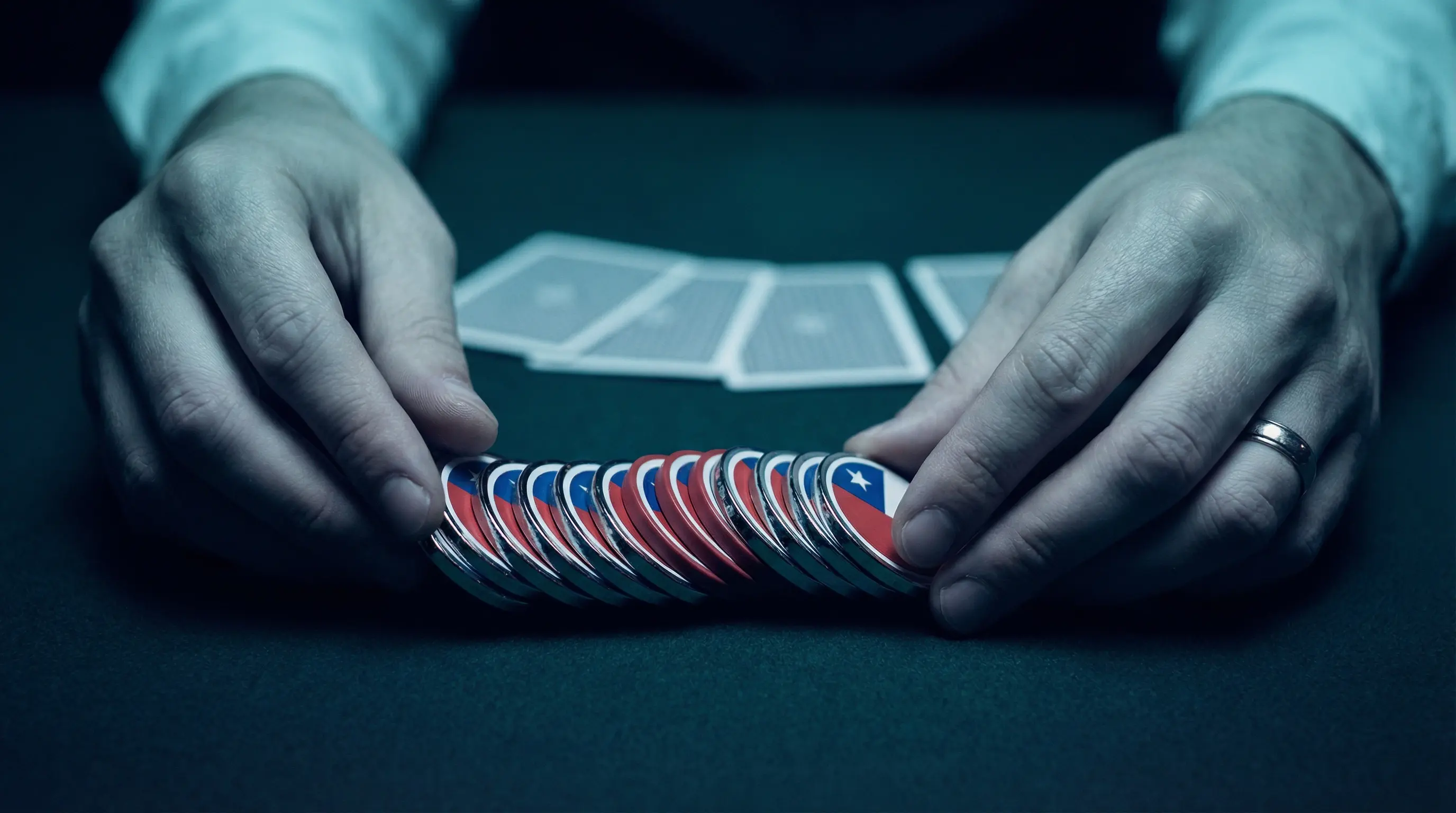 Manos con fichas de casino en colores chilenos sobre fieltro