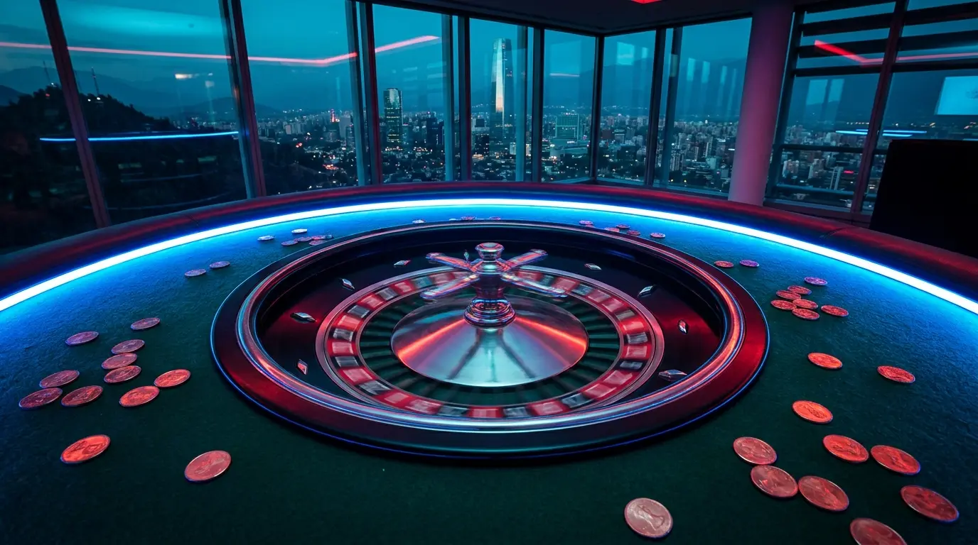 Ruleta girando con monedas y vista de Santiago