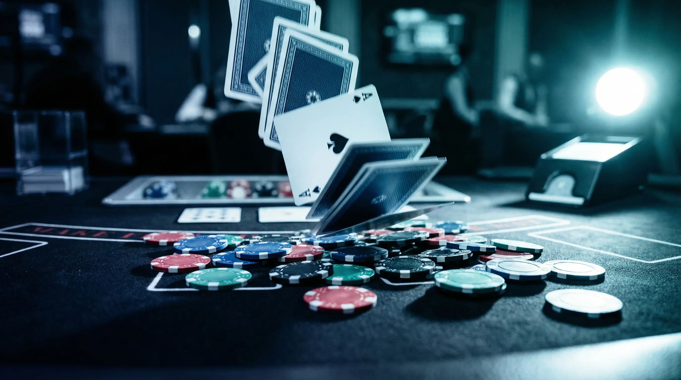 Cartas de blackjack en movimiento con fichas sobre mesa negra