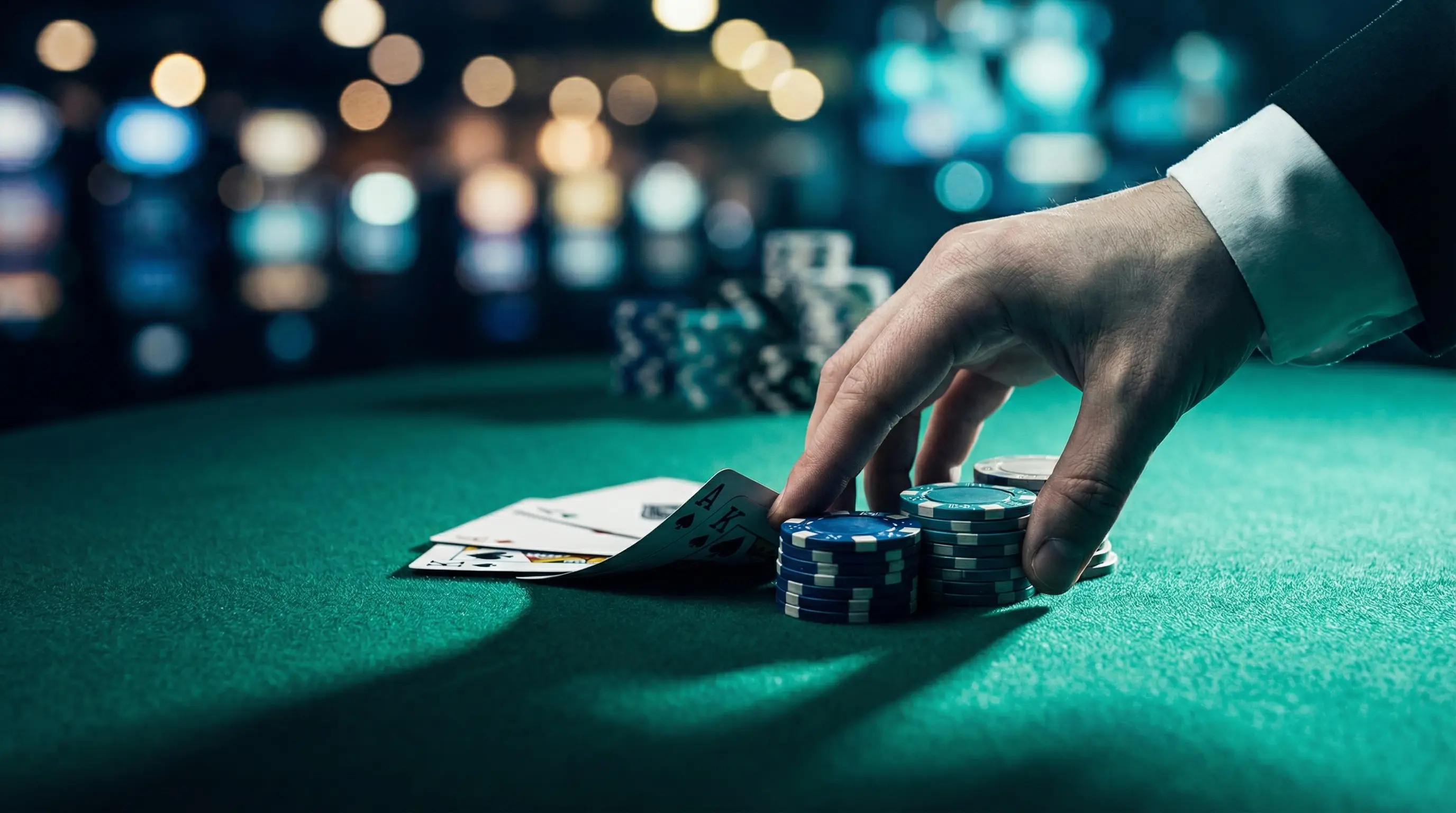 Fichas y cartas con mano de crupier en mesa de juego