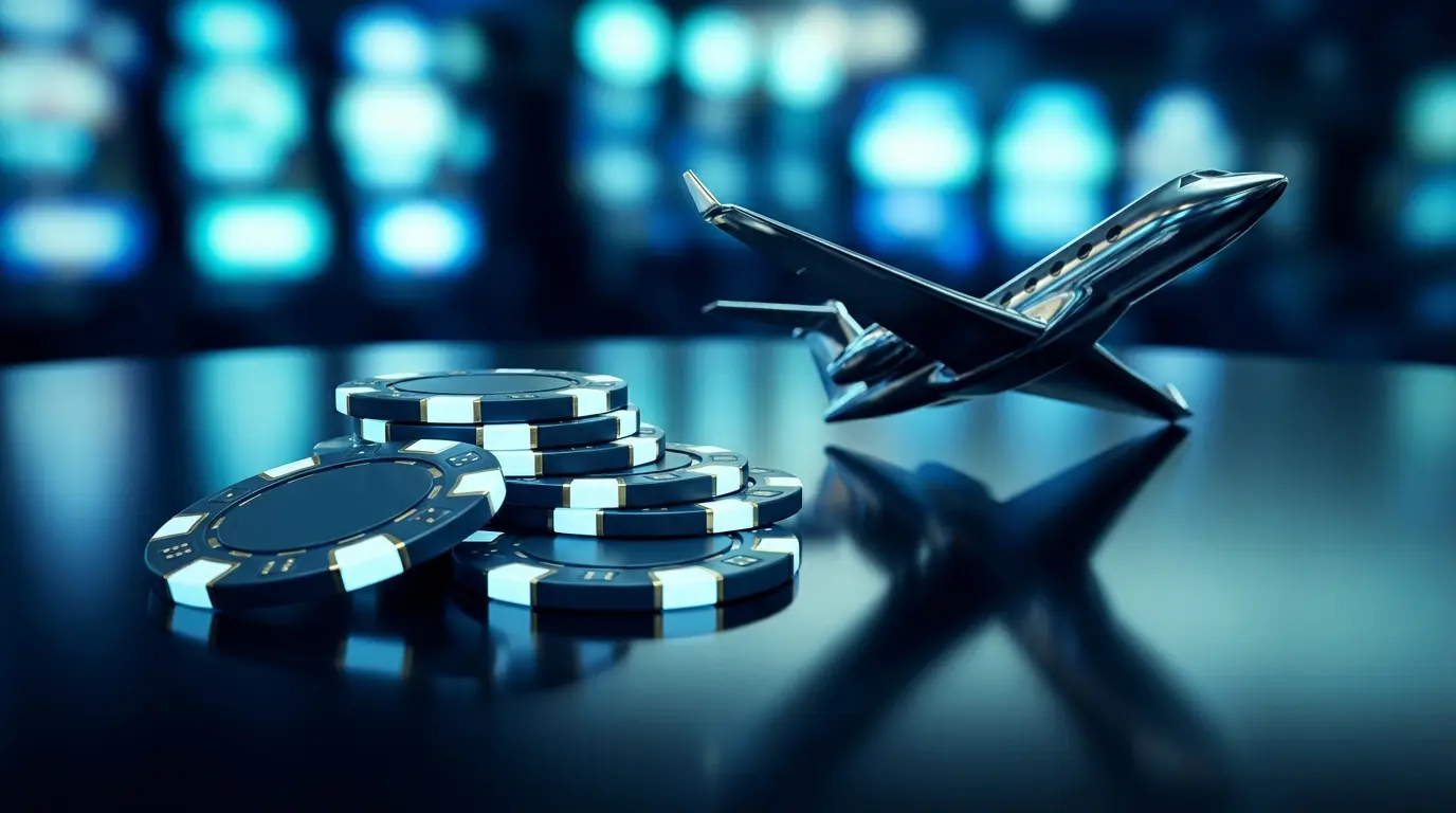 Casino chips stacked beside metal jet model with dramatic lighting