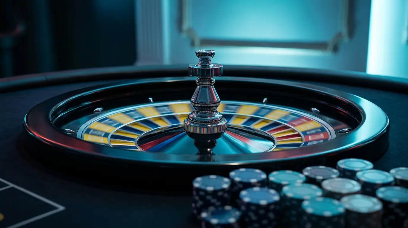 Ruleta de casino con colores de Colombia y fichas apiladas