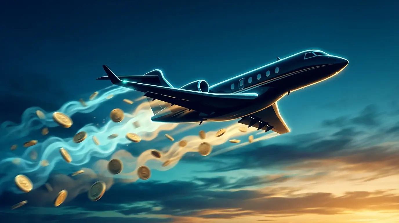 Jet ascending through clouds with coins trailing behind