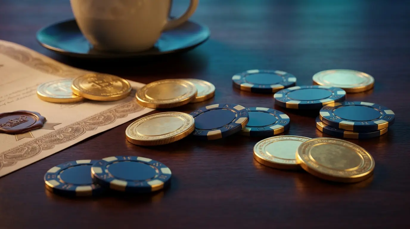 Fichas de casino y monedas con ambiente colombiano elegante