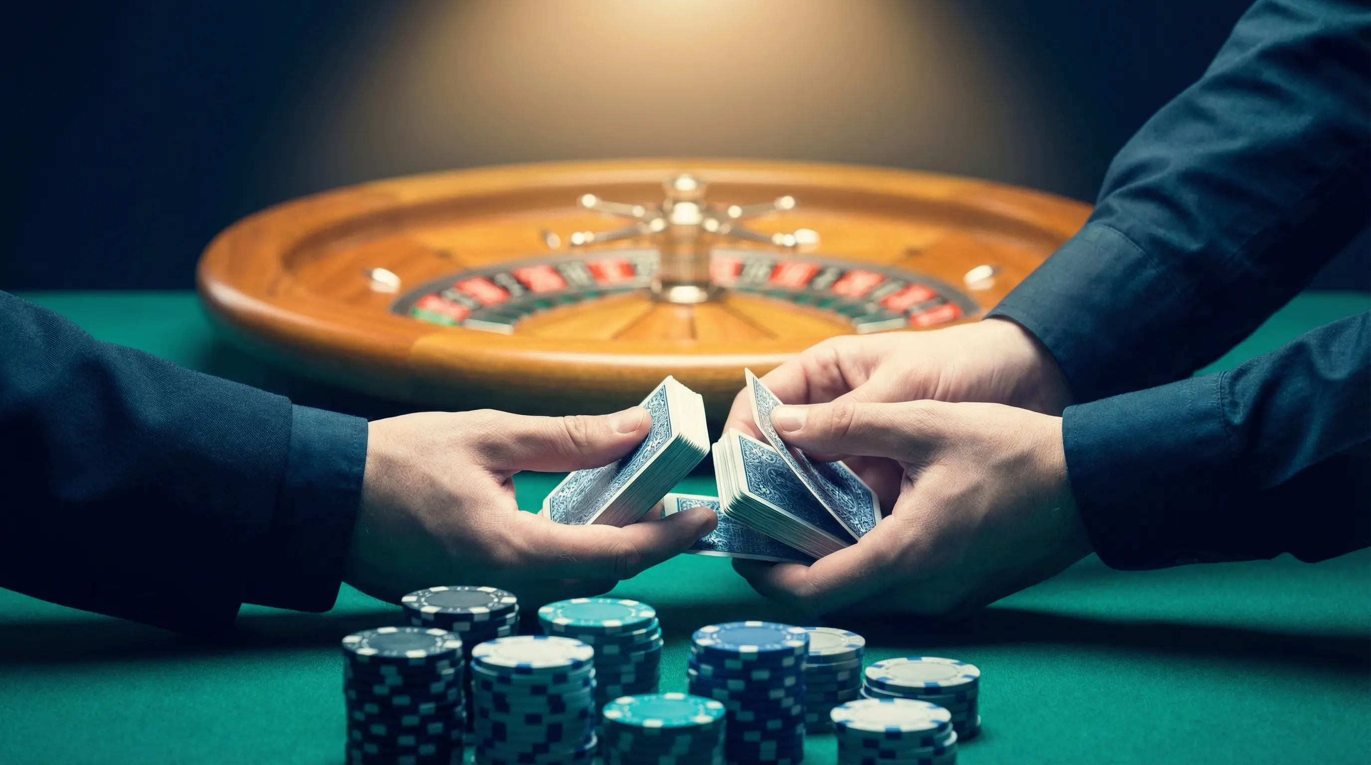 Manos de crupier barajando cartas en mesa de casino en vivo