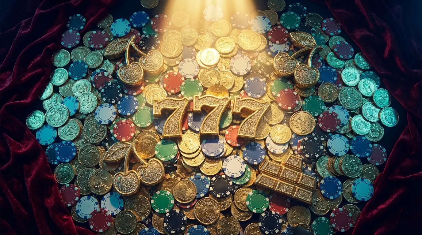 Gold coins and chips surrounding lucky seven symbols overhead view