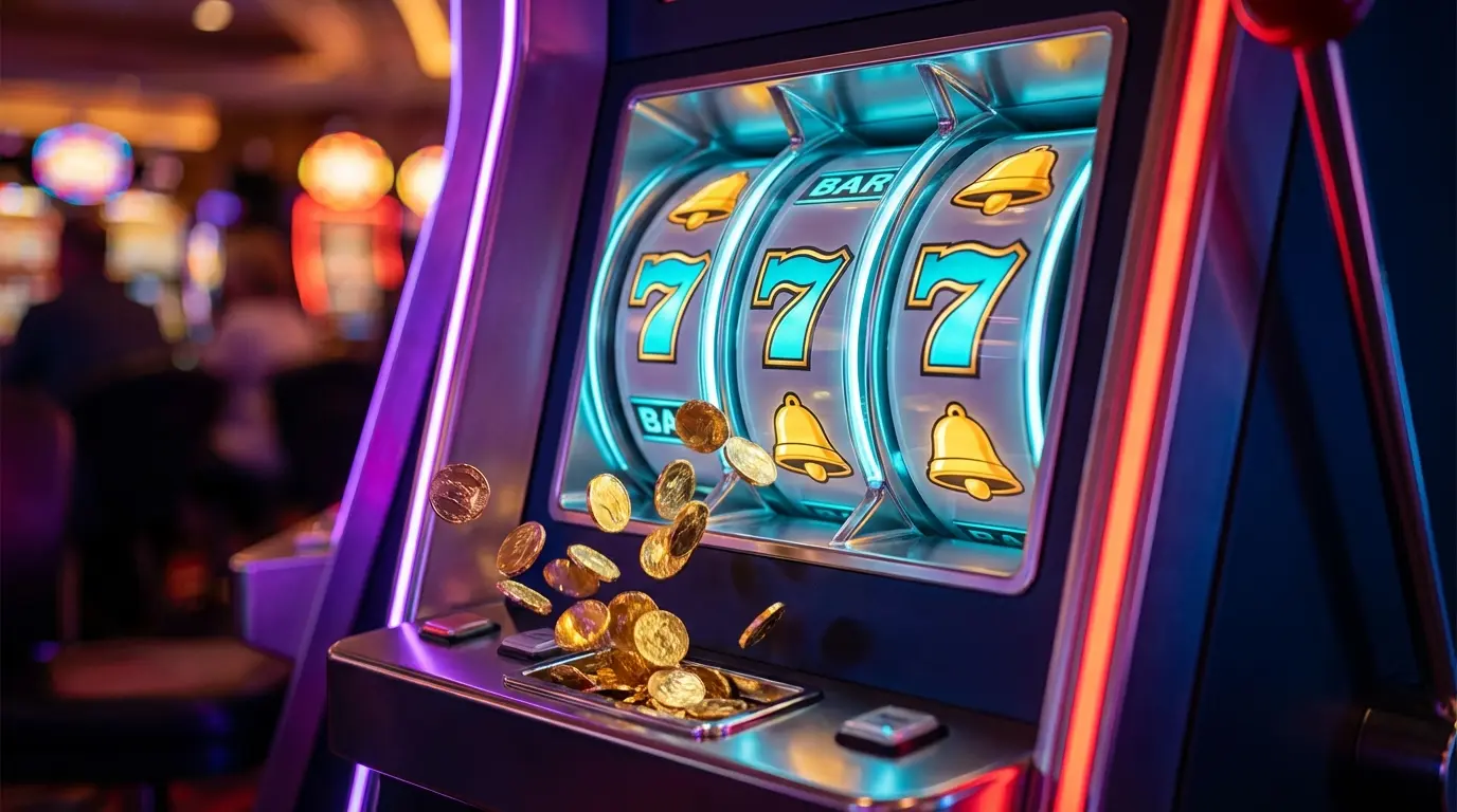 Spinning slot reels with cascading gold coins in neon casino light