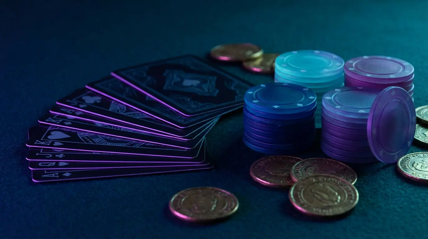 Spielkarten mit Jetons und Goldmünzen in Casino-Atmosphäre