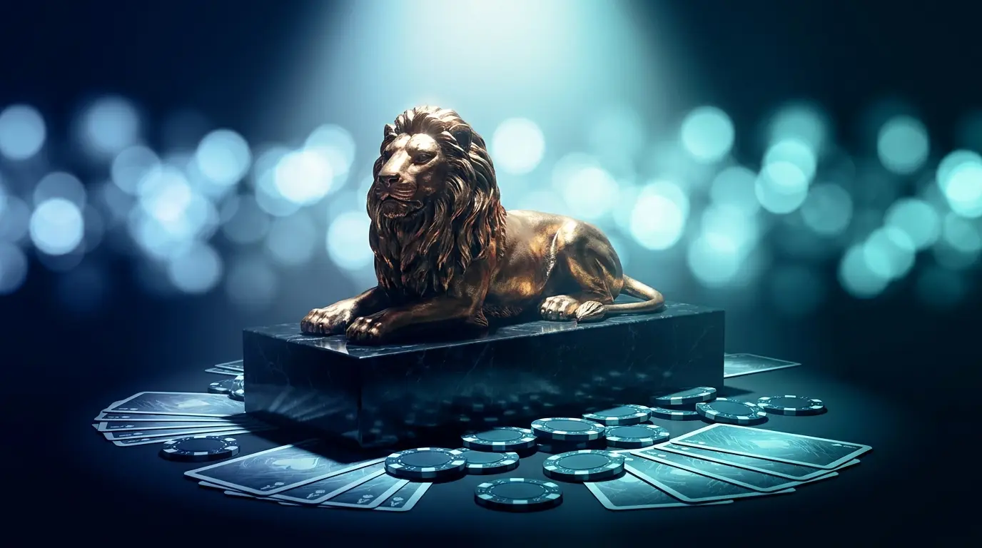 Goldene Löwenskulptur umgeben von Casino-Chips und Spielkarten